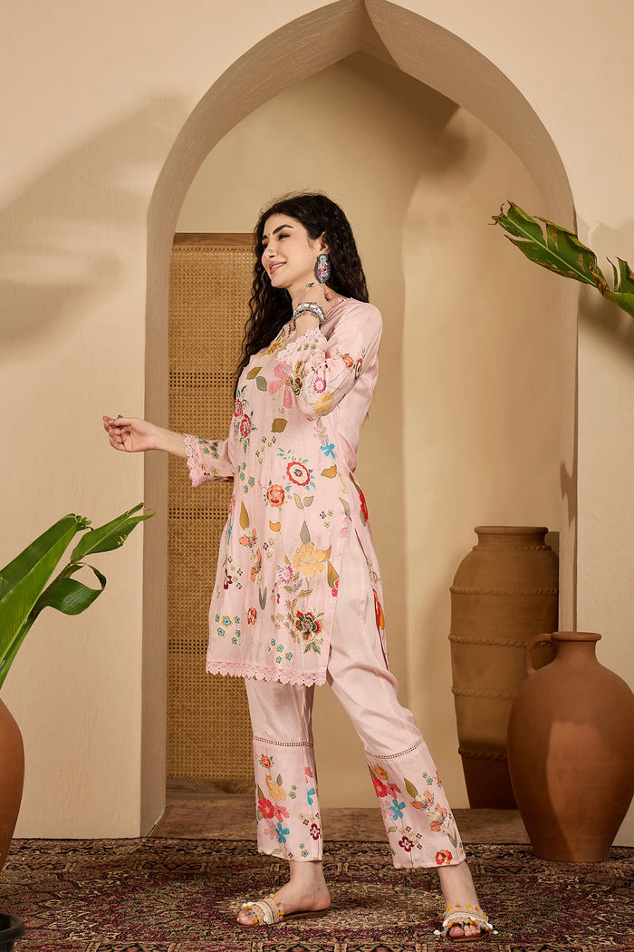 Pastel Pink Floral Cotton Printed Kurta Set