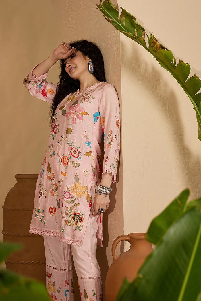 Pastel Pink Floral Cotton Printed Kurta Set