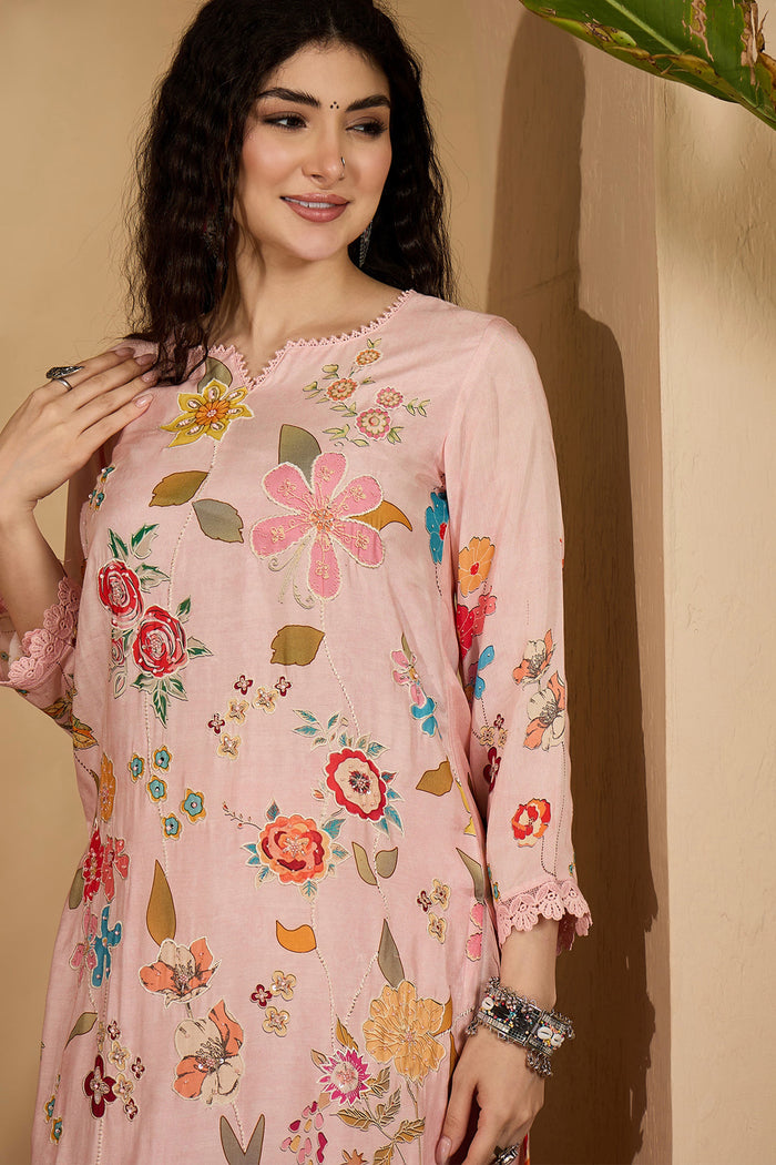 Pastel Pink Floral Cotton Printed Kurta Set