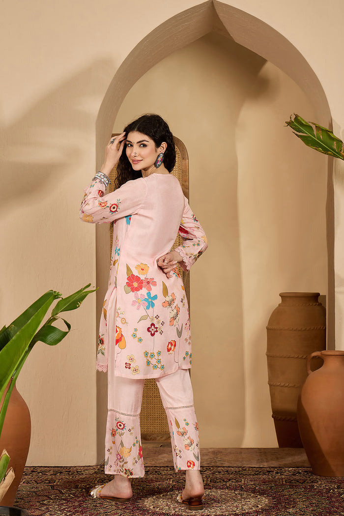 Pastel Pink Floral Cotton Printed Kurta Set