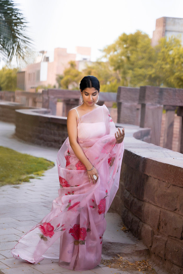 <img> Pastel Orange Saree Set With Organza Jacket