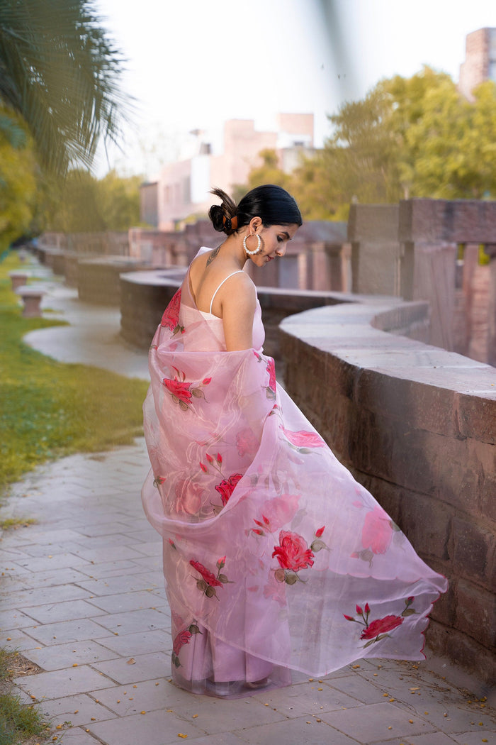 <img> Pastel Orange Saree Set With Organza Jacket
