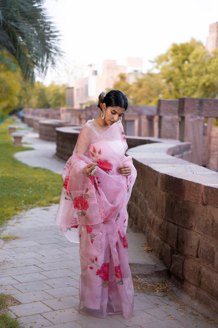 <img> Pastel Orange Saree Set With Organza Jacket