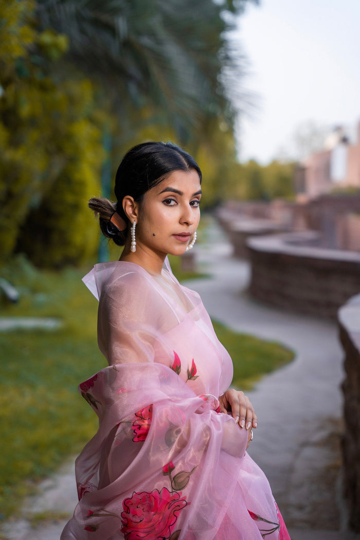 <img> Pastel Orange Saree Set With Organza Jacket