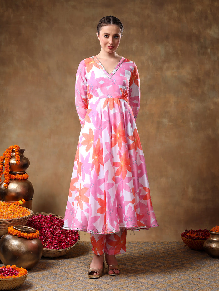 Pastel Pink Floral Printed Georgette Anarkali Set With Scalloped Edge