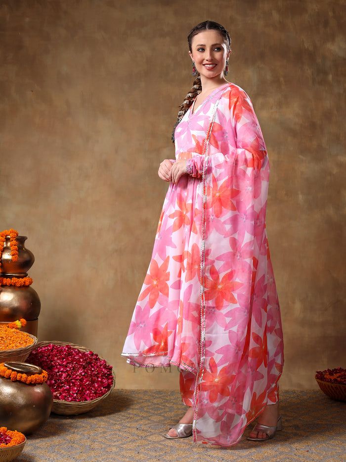 Pastel Pink Floral Printed Georgette Anarkali Set With Scalloped Edge