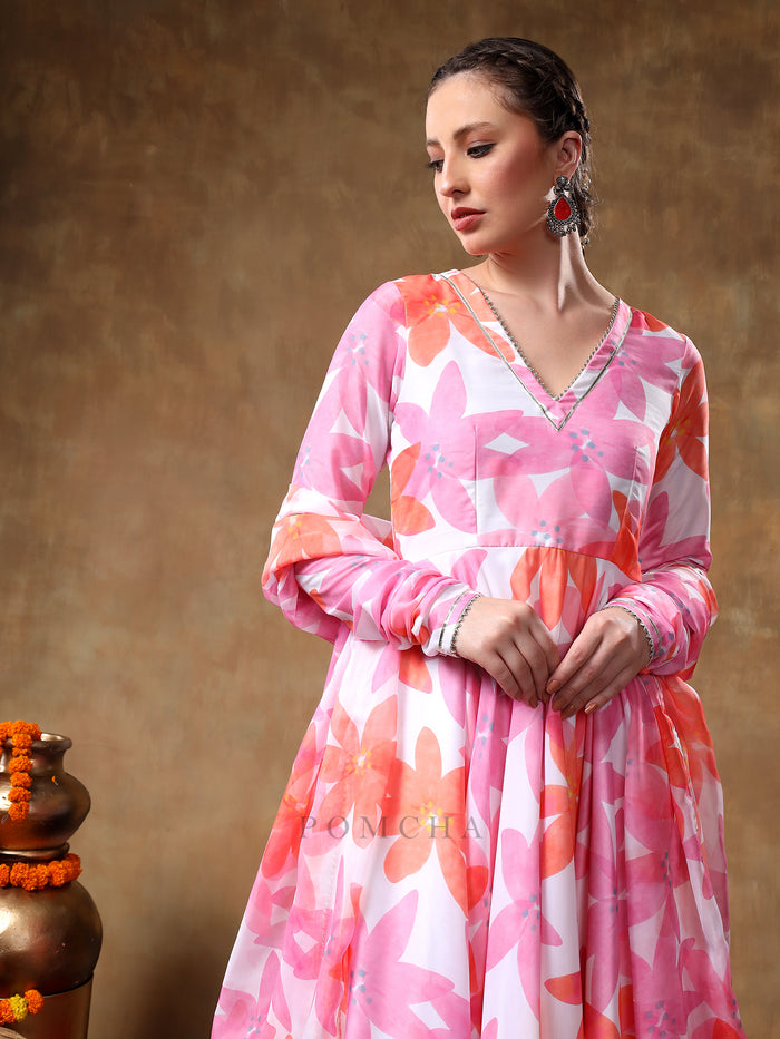 Pastel Pink Floral Printed Georgette Anarkali Set With Scalloped Edge