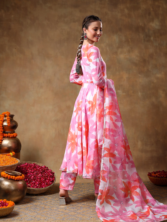 Pastel Pink Floral Printed Georgette Anarkali Set With Scalloped Edge
