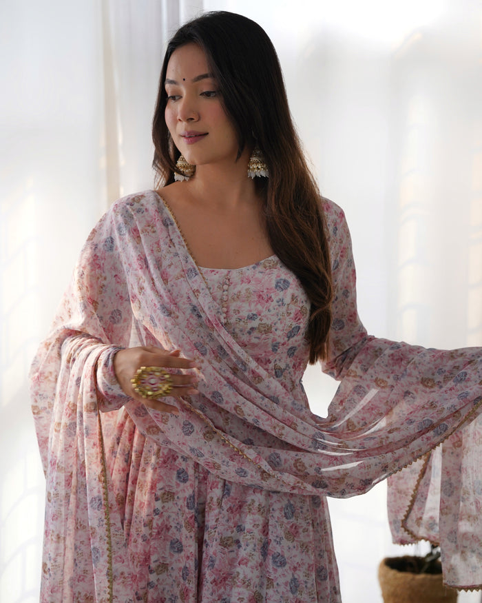 Pastel Pink Floral Printed Organza Anarkali Set