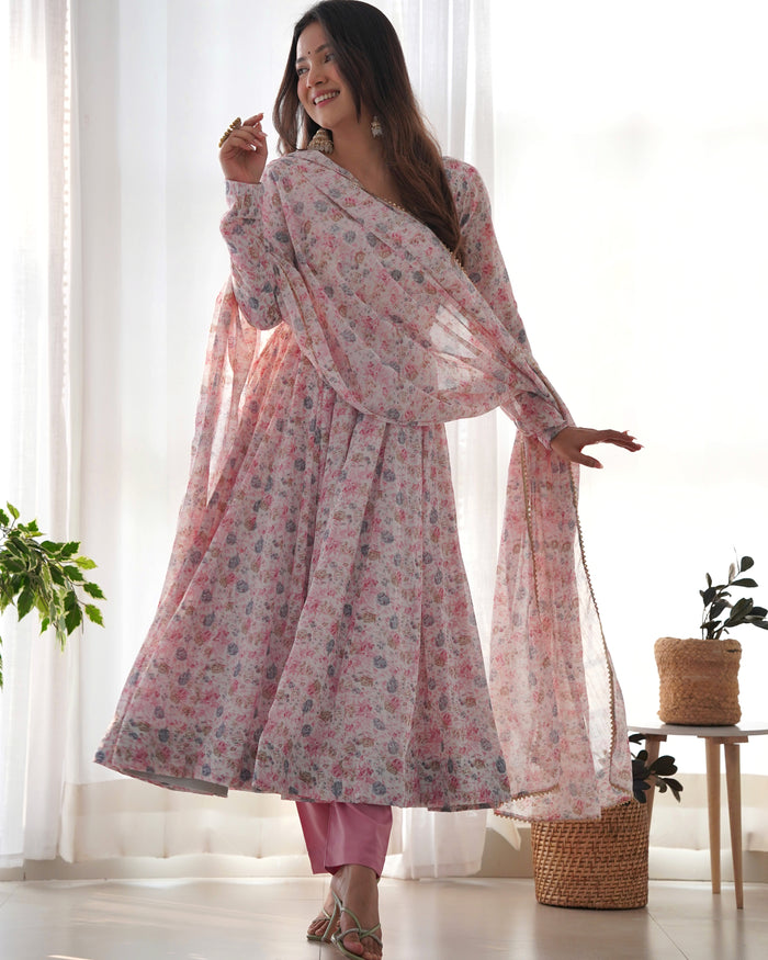 Pastel Pink Floral Printed Organza Anarkali Set