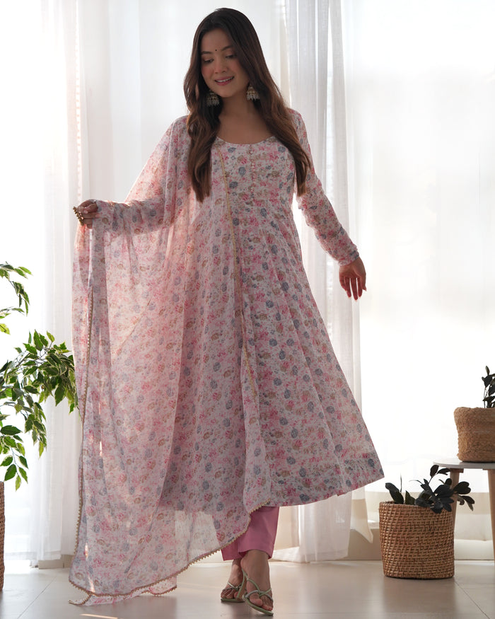 Pastel Pink Floral Printed Organza Anarkali Set