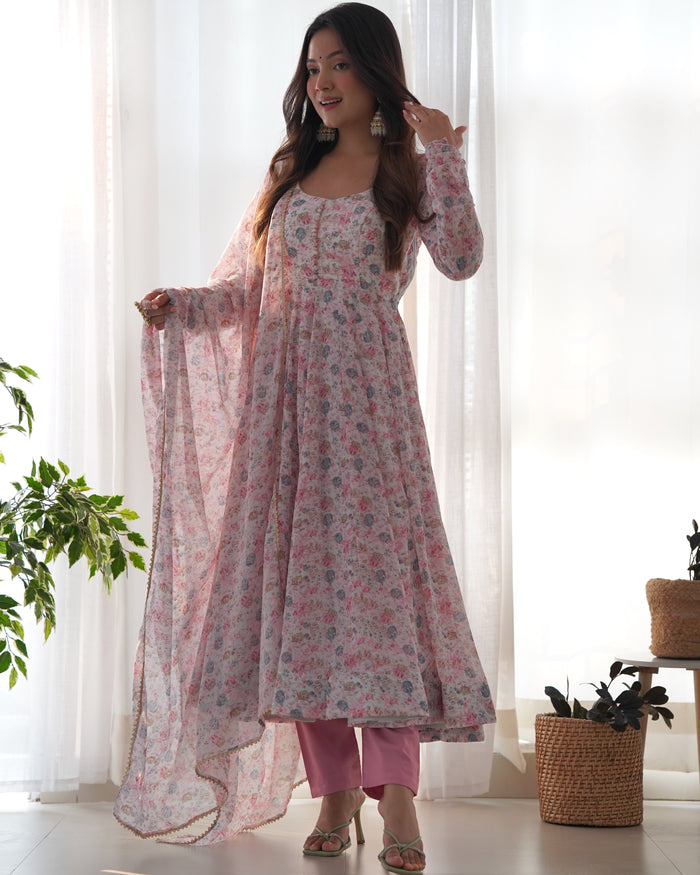 Pastel Pink Floral Printed Organza Anarkali Set