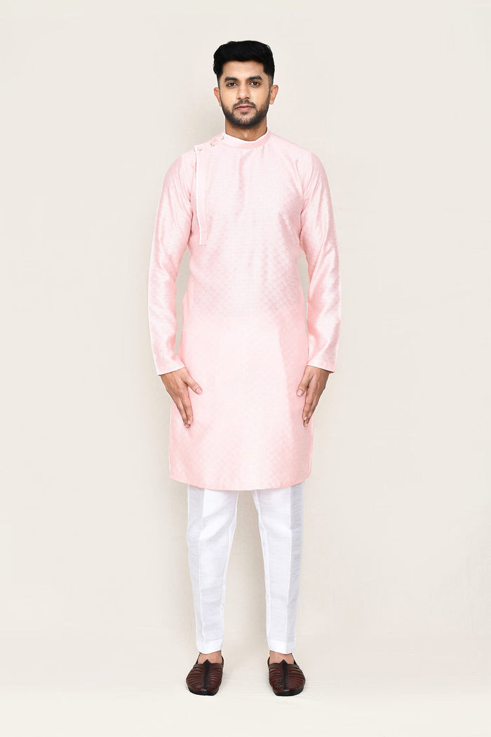 Pastel Pink Jacquard Silk Kurta Set With Designer Neck