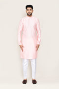 Pastel Pink Jacquard Silk Kurta Set With Designer Neck