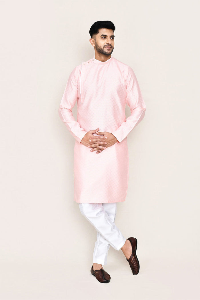 Pastel Pink Jacquard Silk Kurta Set With Designer Neck