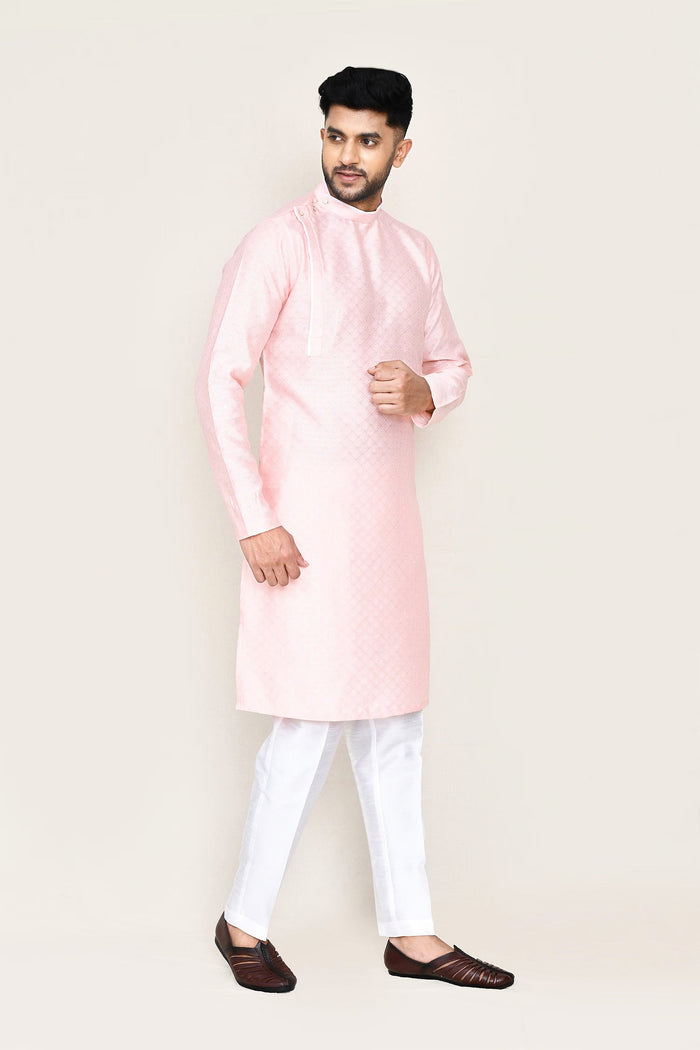 Pastel Pink Jacquard Silk Kurta Set With Designer Neck