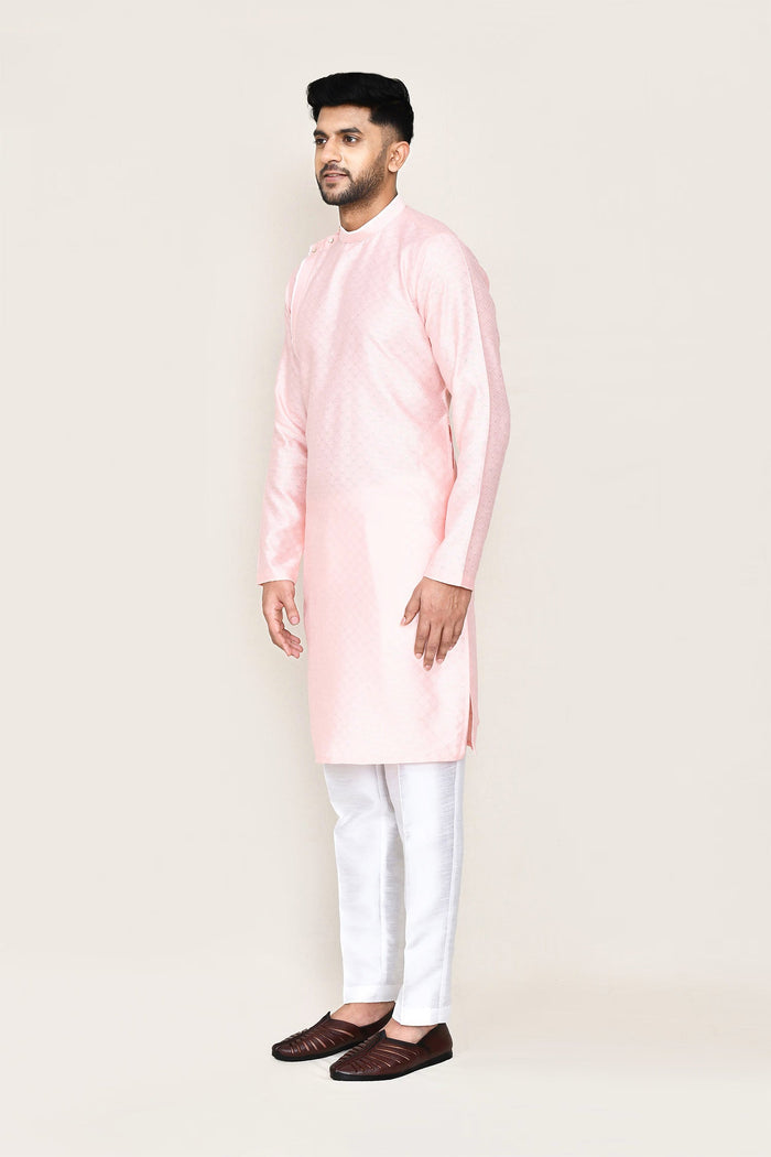 Pastel Pink Jacquard Silk Kurta Set With Designer Neck