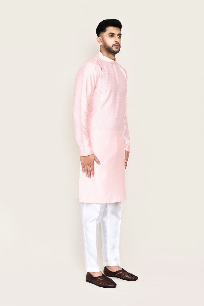 Pastel Pink Jacquard Silk Kurta Set With Designer Neck