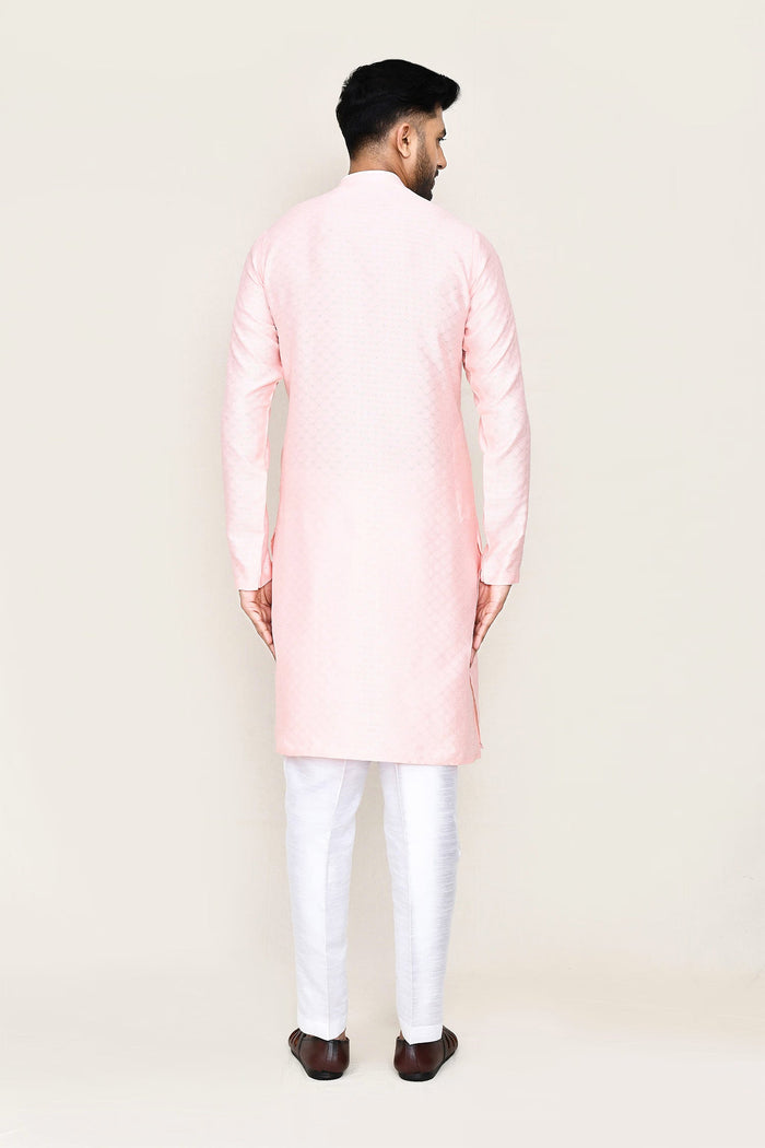 Pastel Pink Jacquard Silk Kurta Set With Designer Neck