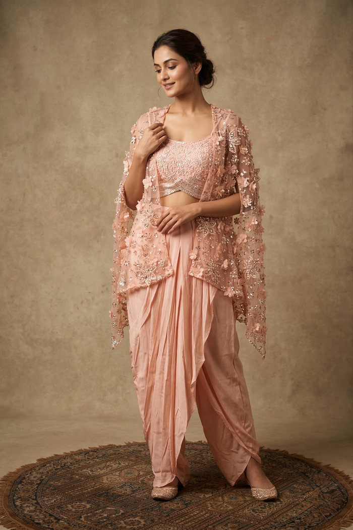 Pastel Pink Satin Embroidered Indo-Western Set