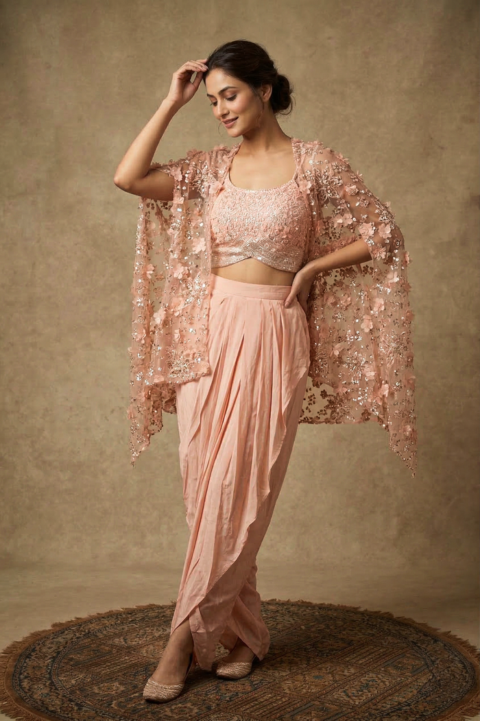 Pastel Pink Satin Embroidered Indo-Western Set
