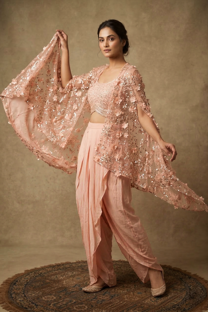 Pastel Pink Satin Embroidered Indo-Western Set