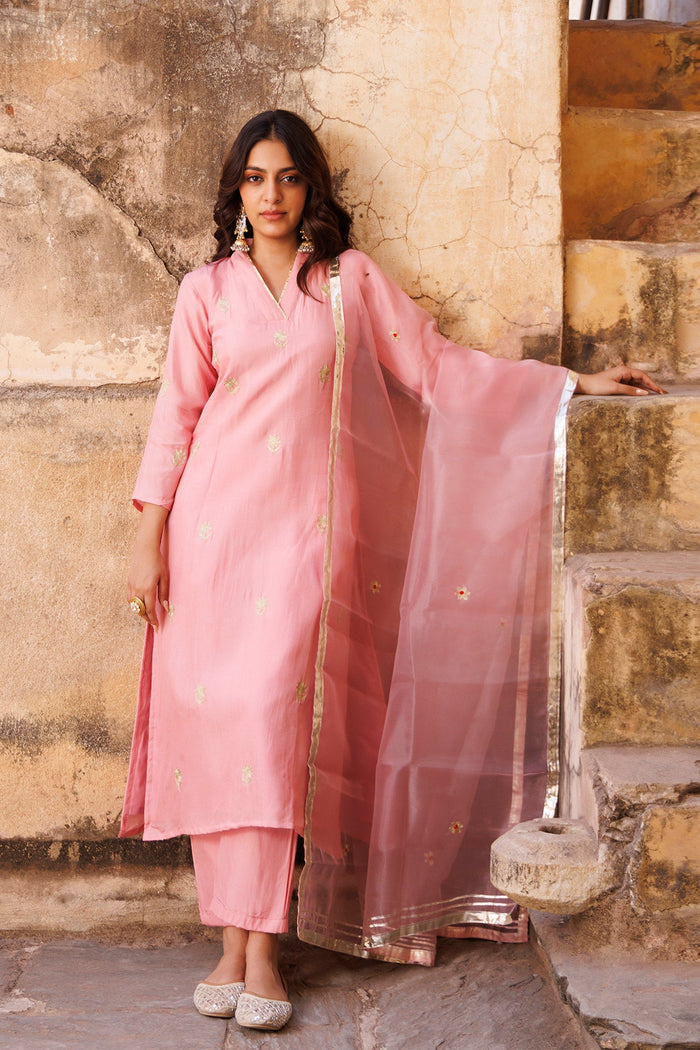 Pastel Pink Uppada Silk Kurta Set With Aari Embroidery