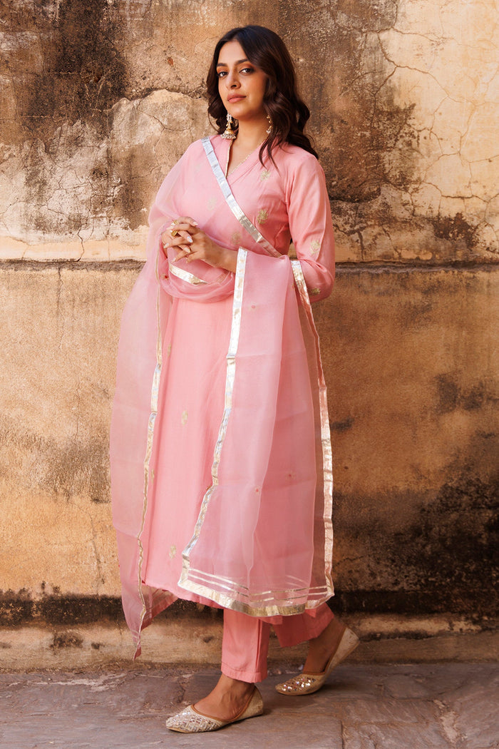 Pastel Pink Uppada Silk Kurta Set With Aari Embroidery