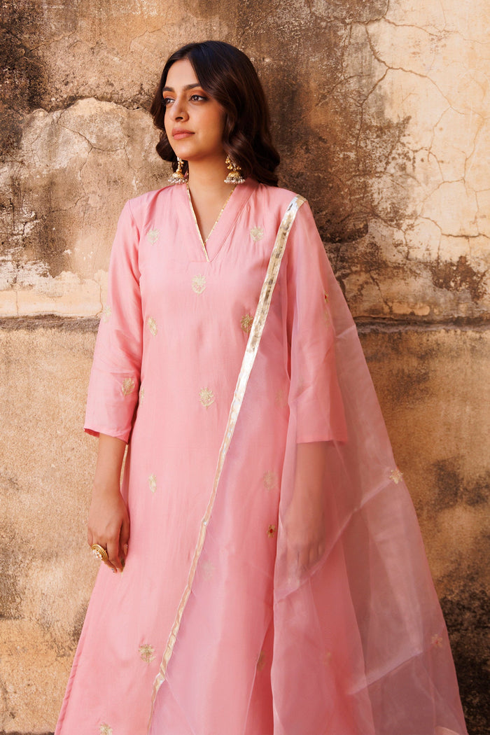 Pastel Pink Uppada Silk Kurta Set With Aari Embroidery