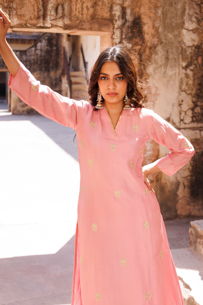 Pastel Pink Uppada Silk Kurta Set With Aari Embroidery