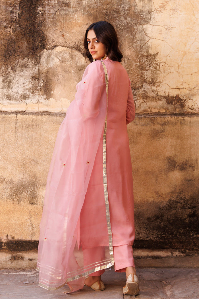Pastel Pink Uppada Silk Kurta Set With Aari Embroidery