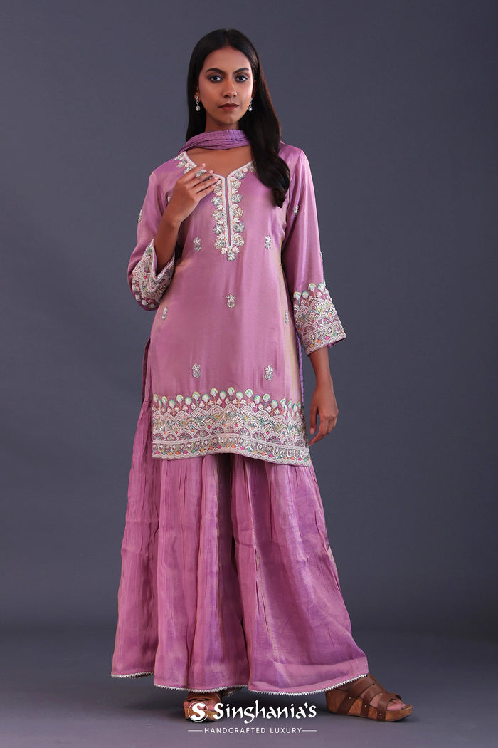 <img> Pastel Purple Chinon Silk Pearl Work Sharara Set