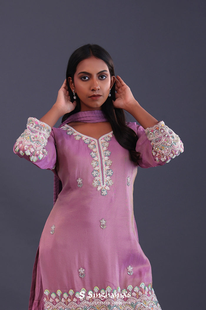 <img> Pastel Purple Chinon Silk Pearl Work Sharara Set