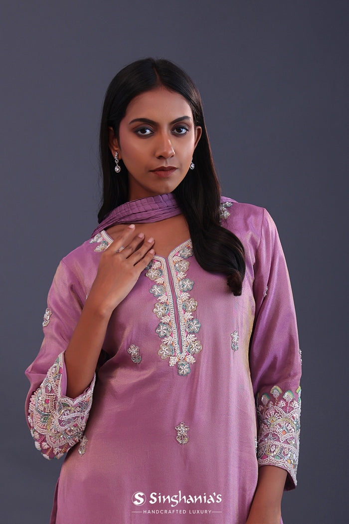 <img> Pastel Purple Chinon Silk Pearl Work Sharara Set