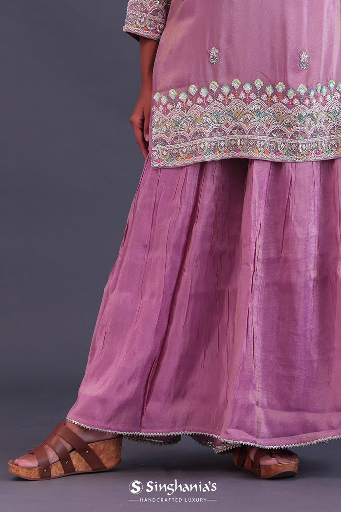 <img> Pastel Purple Chinon Silk Pearl Work Sharara Set