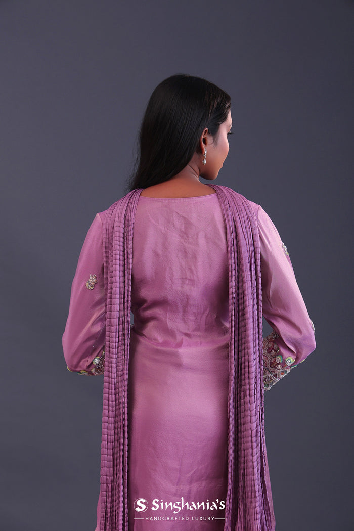 <img> Pastel Purple Chinon Silk Pearl Work Sharara Set