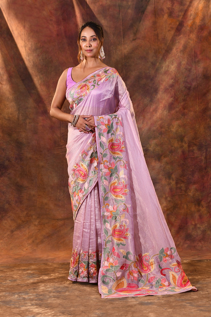 Pastel Purple Floral Embroidered Tissue Silk Saree