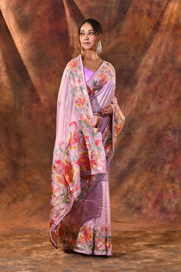 Pastel Purple Floral Embroidered Tissue Silk Saree