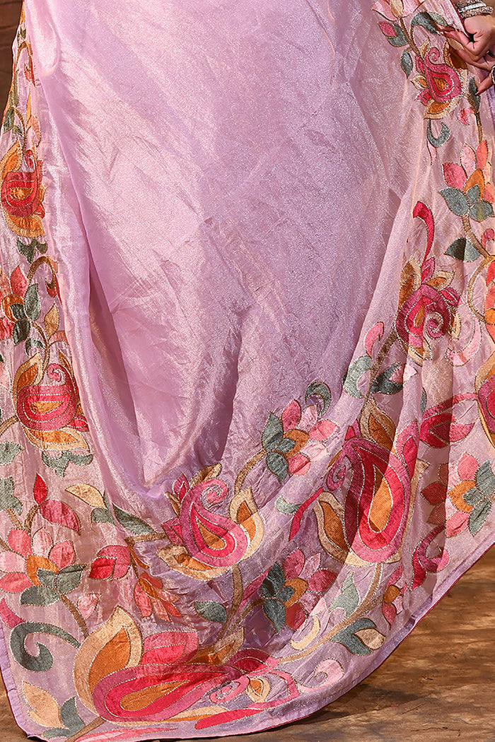 Pastel Purple Floral Embroidered Tissue Silk Saree