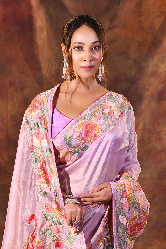 Pastel Purple Floral Embroidered Tissue Silk Saree