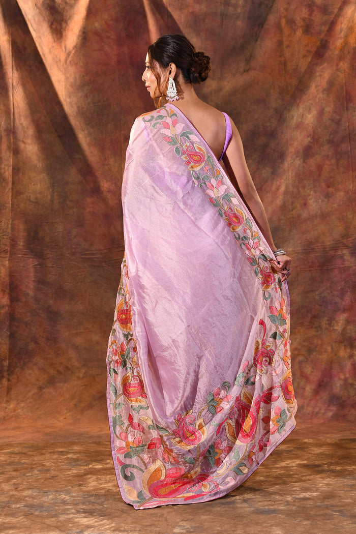Pastel Purple Floral Embroidered Tissue Silk Saree