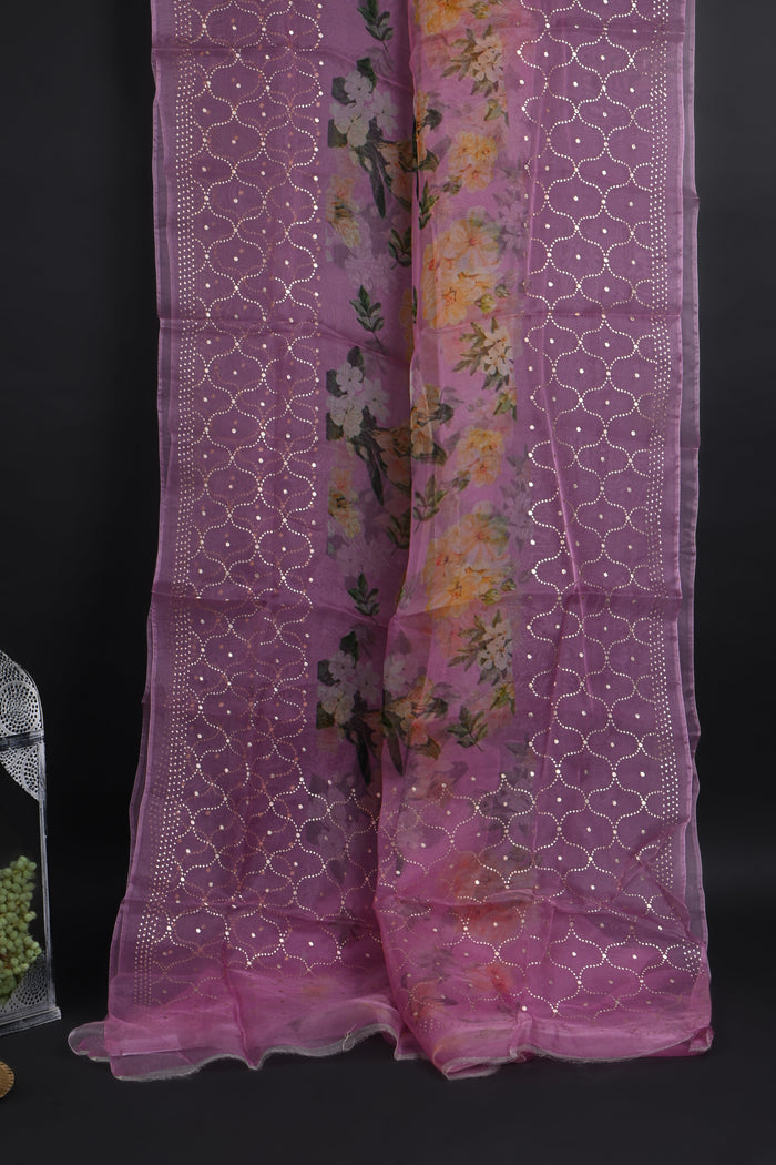 Pastel Purple Floral Printed Organza Saree