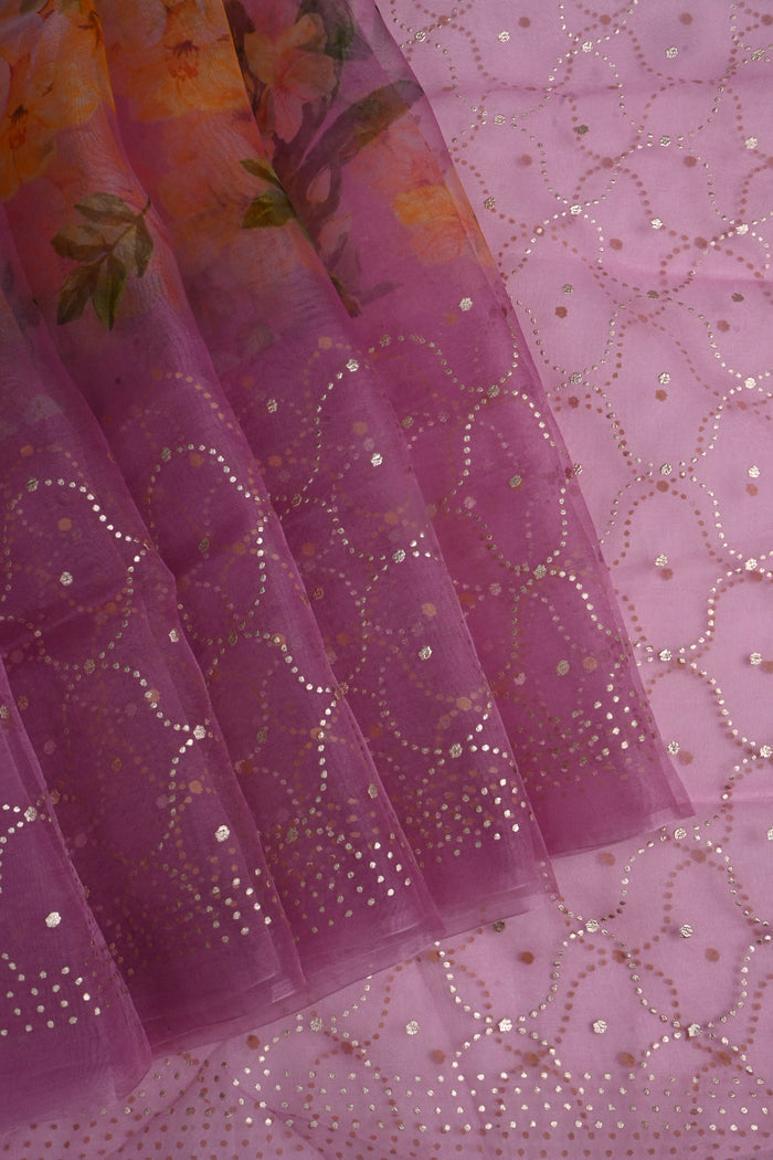 Pastel Purple Floral Printed Organza Saree
