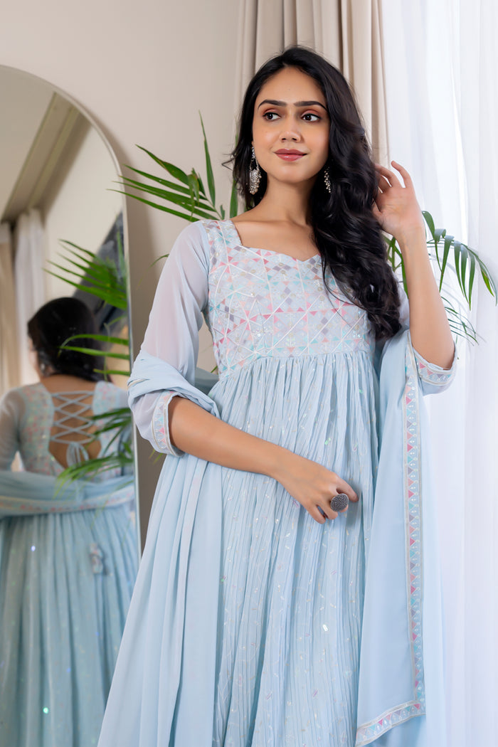 <img> Pastel Sky Blue Georgette Embroidered Anarkali Set