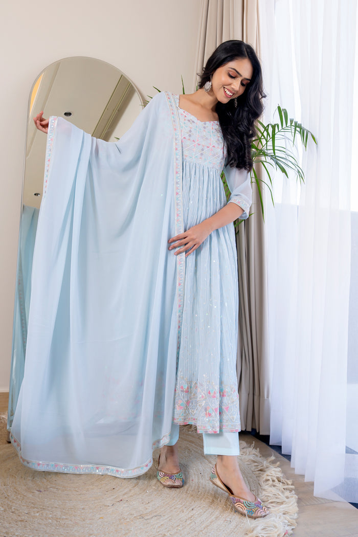 <img> Pastel Sky Blue Georgette Embroidered Anarkali Set