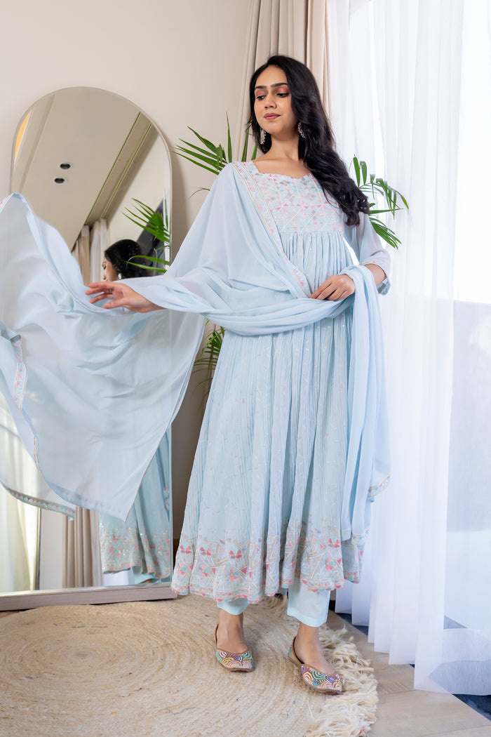 <img> Pastel Sky Blue Georgette Embroidered Anarkali Set