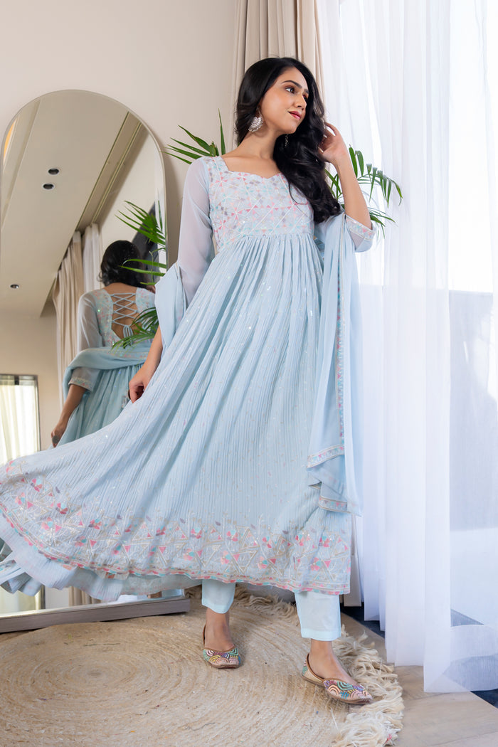 <img> Pastel Sky Blue Georgette Embroidered Anarkali Set