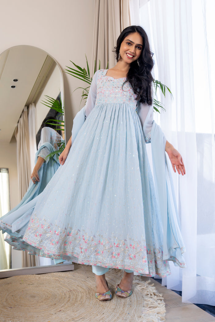 <img> Pastel Sky Blue Georgette Embroidered Anarkali Set