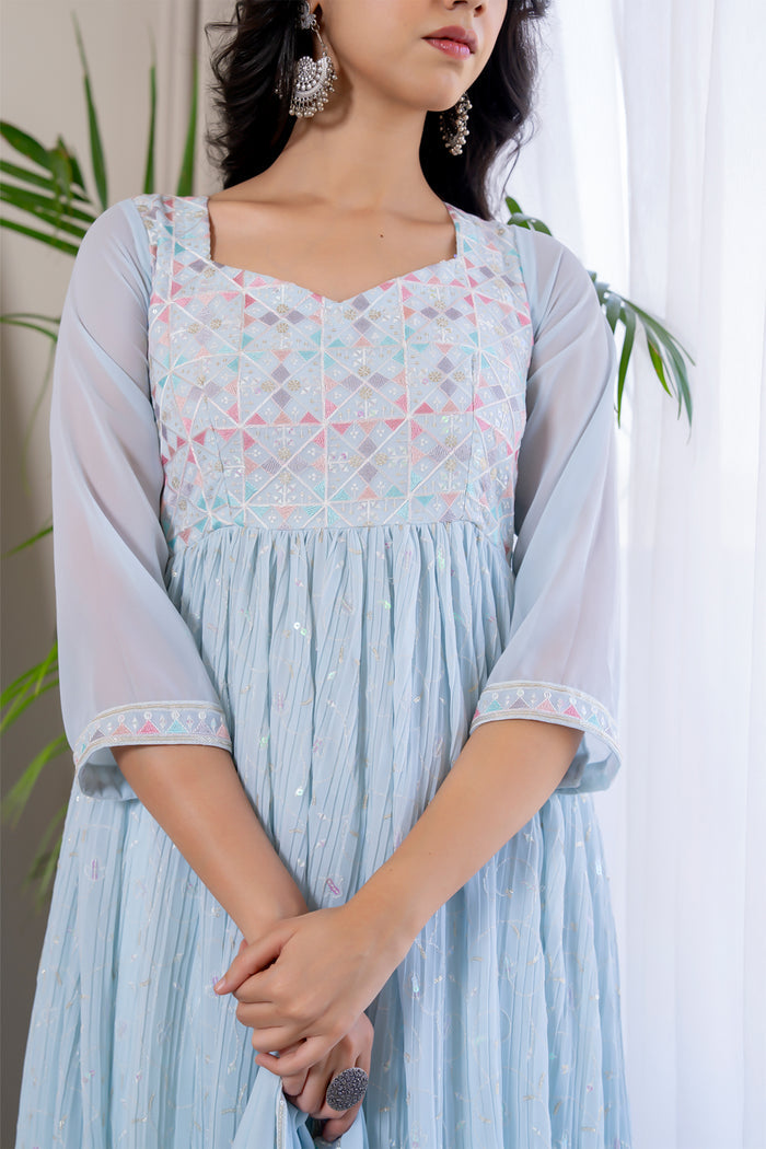 <img> Pastel Sky Blue Georgette Embroidered Anarkali Set