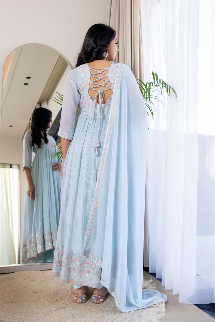 <img> Pastel Sky Blue Georgette Embroidered Anarkali Set